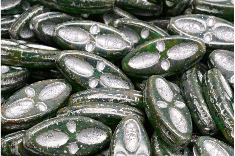 Ship Eye Oval Beads, Transparent Green Emerald Travertin Silver Lined (50730-86800-54301), Glass, Czech Republic