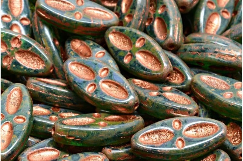 Ship Eye Oval Beads, Transparent Green Emerald Travertin Copper Lined (50730-86800-54307), Glass, Czech Republic