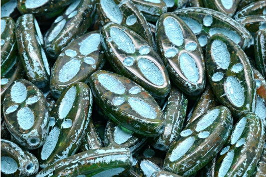 Ship Eye Oval Beads, Transparent Green Emerald Travertin Light Blue Lined (50730-86800-54308), Glass, Czech Republic