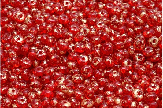 Rondelle Druck Beads, Ruby Red Gold Splash (90080-94401), Glass, Czech Republic