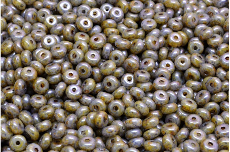 Rondelle Druck Beads, White Purple Brown Luster Spotted (02010-65329), Glass, Czech Republic