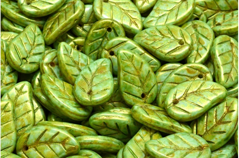 リーフペンダントビーズ、ホワイトブラウンラスタースポット（02010-65326）、ガラス、チェコ共和国