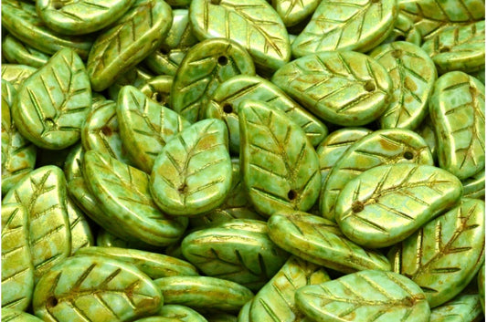 リーフペンダントビーズ、ホワイトブラウンラスタースポット（02010-65326）、ガラス、チェコ共和国