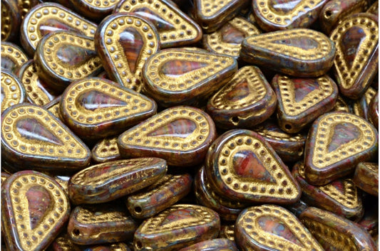 Filigree Teardrop Beads, R9842 Travertin Gold Lined (R9842-86800-54302), Glass, Czech Republic