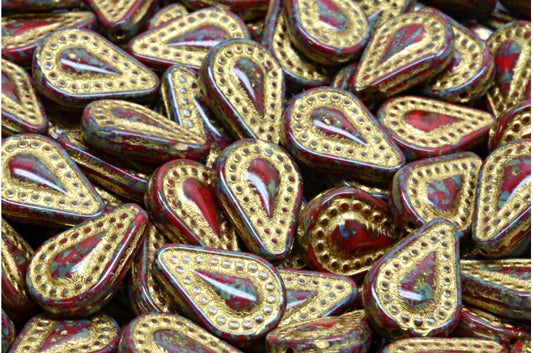 Filigree Teardrop Beads, Opaque Red Travertin Gold Lined (93200-86800-54302), Glass, Czech Republic