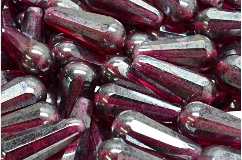 ファセット加工のファイアポリッシュ仕上げのティアドロップビーズ、透明レッドヘマタイト（70350-14400）、ガラス、チェコ共和国