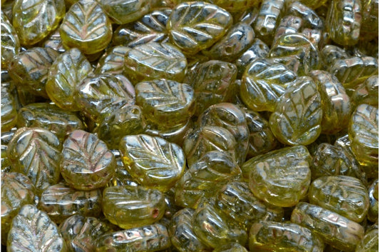 Mint Leaf Beads, Transparent Green Picasso (50220-43400), Glass, Czech Republic