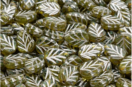 Mint Leaf Beads, Transparent Green Travertin Silver Lined (50220-86800-54301), Glass, Czech Republic