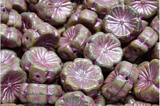 夏威夷花珠，绿色石灰华粉红色内衬 (53420-86800-54321)，玻璃，捷克共和国