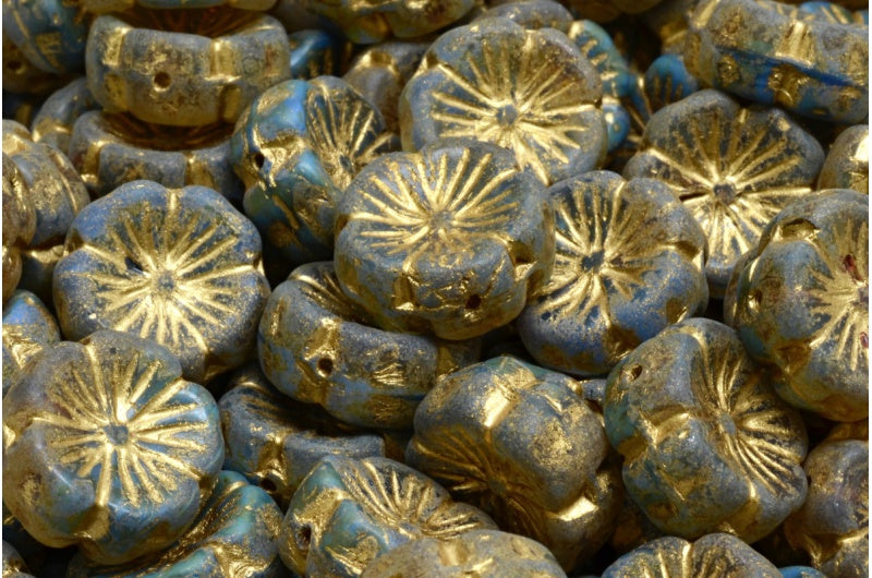 Hawaiian Flower Beads, Blue Travertin Gold Lined (R0342-86800-54302), Glass, Czech Republic