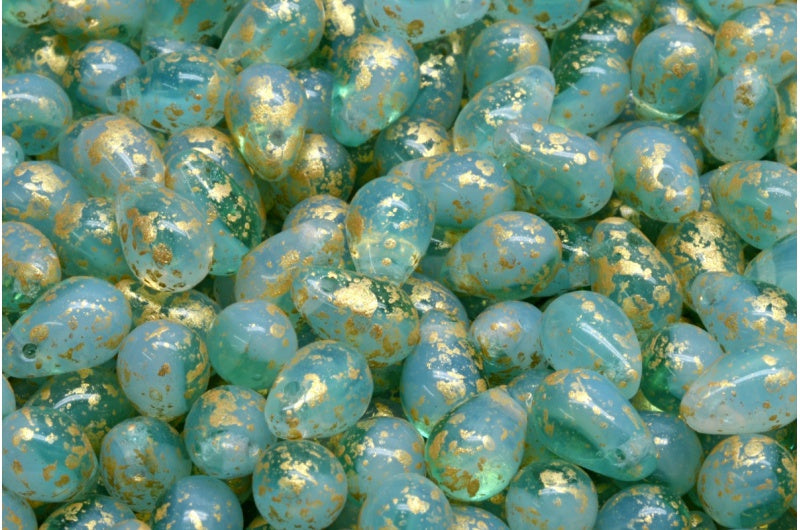 ドロップビーズ、オパールホワイト透明アクアゴールドスプラッシュ（01000-60200-94401）、ガラス、チェコ共和国