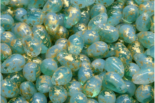 ドロップビーズ、オパールホワイト透明アクアゴールドスプラッシュ（01000-60200-94401）、ガラス、チェコ共和国