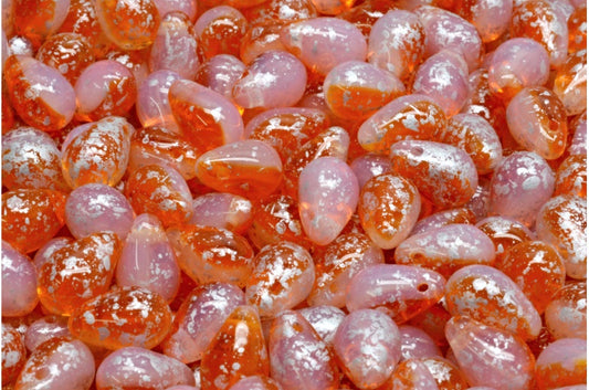 Drop Beads, Opal White Transparent Orange Silver Splash (01000-90020-94400), Glass, Czech Republic