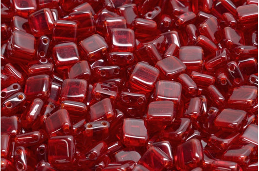 2 孔压制瓷砖珠，透明红色 (90110)，玻璃，捷克共和国