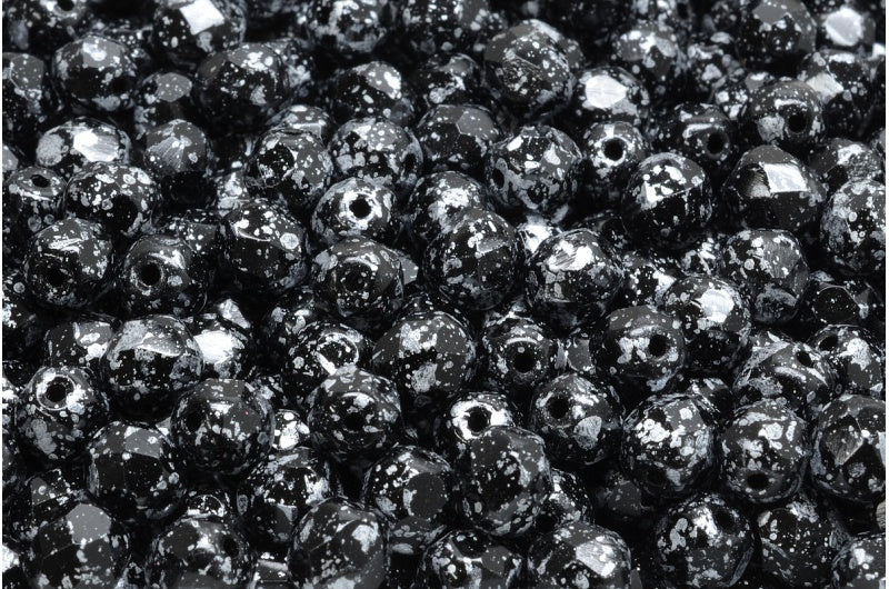ファセット加工ラウンドビーズ、ブラックツイードシルバー（23980-45702）、ボヘミアクリスタルガラス、チェコ共和国