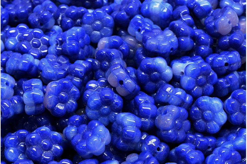 フラットフラワービーズ、ホワイトブルー（02010-BLUE）、ガラス、チェコ共和国