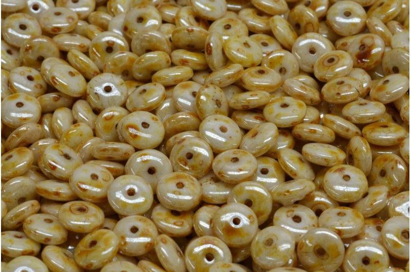 Space Disk Beads, White Stain With Luster Amber (02010-65401), Glass, Czech Republic