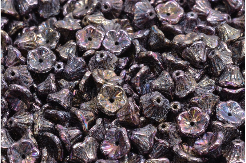 Bell Flower Cup Beads, Black Vega Iris (23980-15781)，玻璃，捷克共和国
