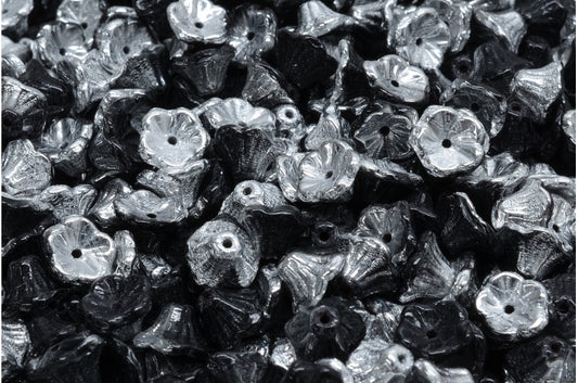 Bell Flower Cup Beads, Black Crystal Silver Half Coating (23980-27001), Glass, Czech Republic