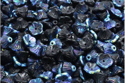 Bell Flower Cup Beads, Black Ab (23980-28701), Glass, Czech Republic