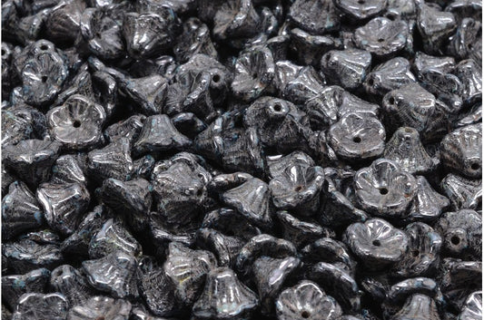 Bell Flower Cup Beads, Black Stain With Luster Blue (23980-65431), Glass, Czech Republic