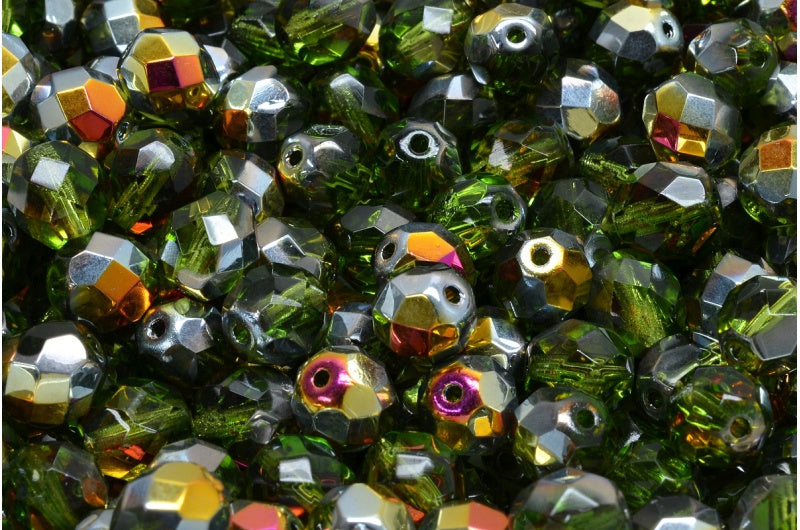 Fire Polished Faceted Beads Round, Transparent Green Volcano (50230-28001), Bohemia Crystal Glass, Czech Republic