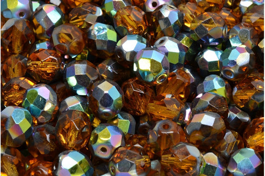Fire Polished Faceted Beads Round, Transparent Orange Crystal Vitrail Medium Coating (10060-28101), Bohemia Crystal Glass, Czech Republic