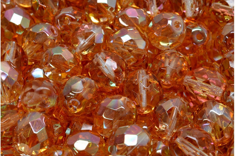 Fire Polish Faceted Round Beads, Crystal Apricot Coatings (00030-29121), Glass, Czech Republic