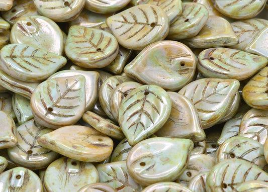 Apple Leaf Beads 18 x 13 mm, Chalk White Stain With Luster Green (3000-65455), Bohemia Crystal Glass, Czechia 11100076
