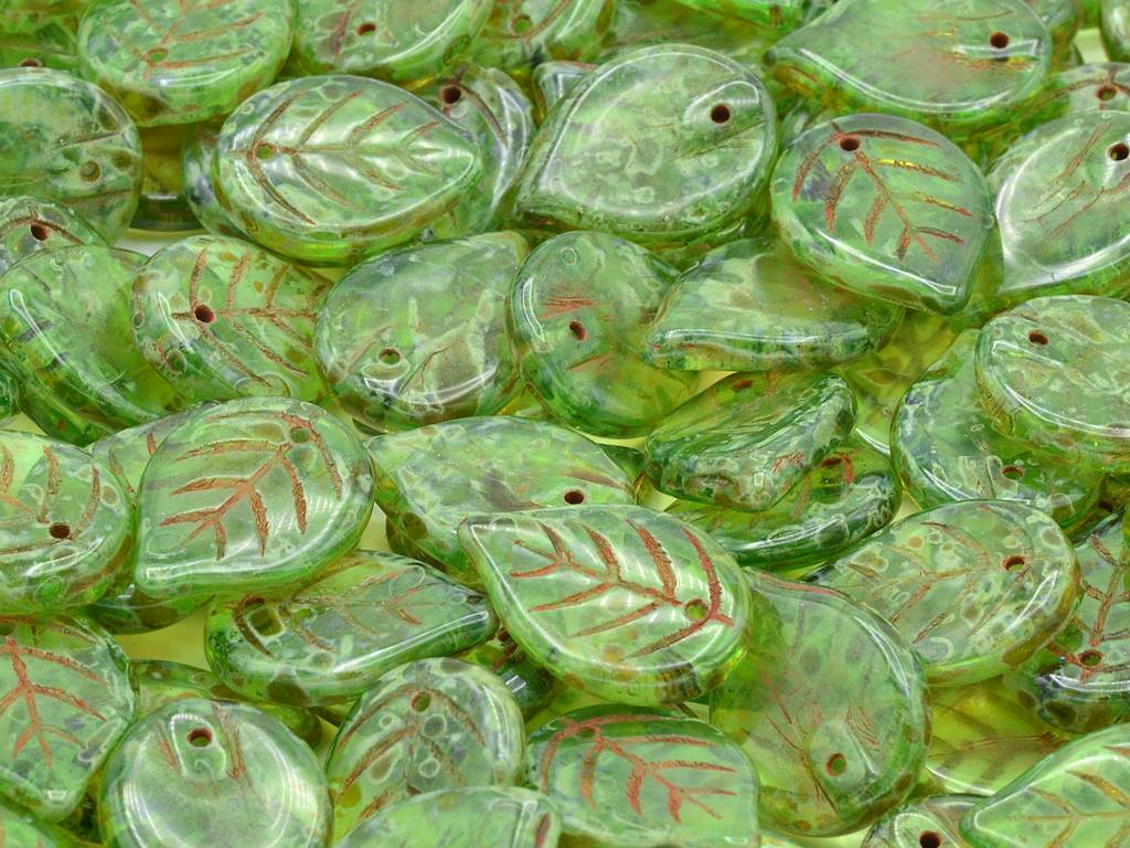Apple Leaf Beads 18 x 13 mm, Transparent Green Travertin (50020-86800), Bohemia Crystal Glass, Czechia 11100076