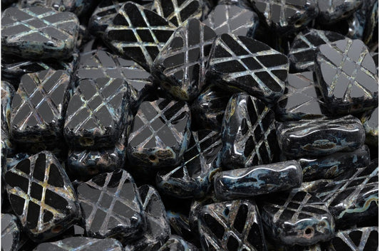 Table Cut Designed Rectangle Beads, Black Travertin (23980 86800), Glass, Czech Republic