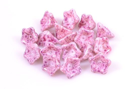 Petunia Flower Beads 8 x 13 mm, Chalk White Marble Violet (3000-15423), Bohemia Crystal Glass, Czechia 11100285