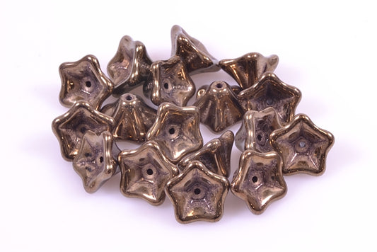 Petunia Flower Beads 8 x 13 mm, Black Luster Gold (23980-14485), Bohemia Crystal Glass, Czechia 11100285