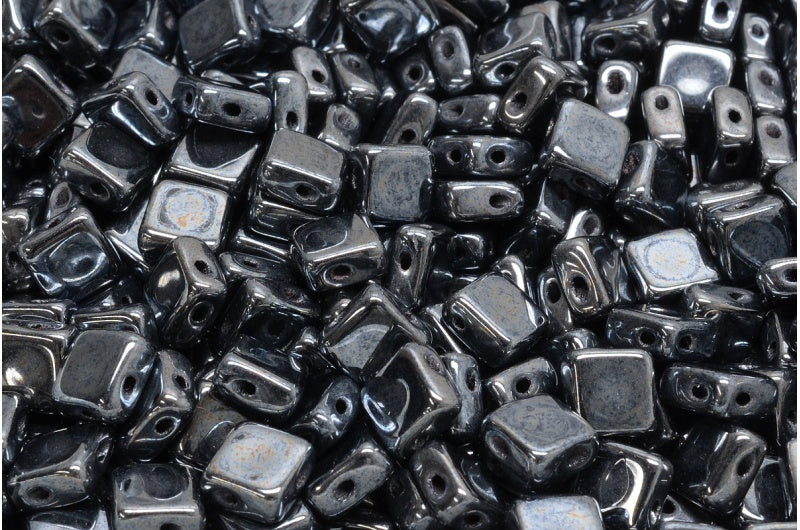 フラットシルキービーズ - 2穴、ブラックヘマタイト（23980-14400）、ガラス、チェコ共和国