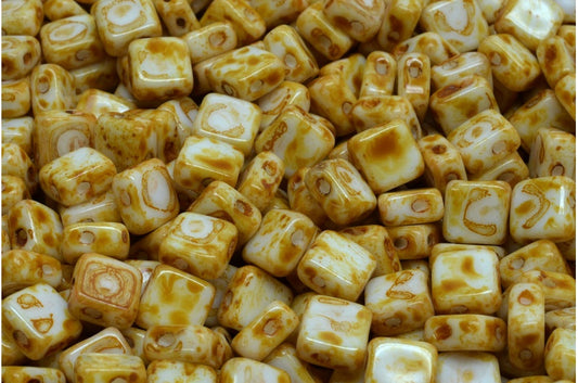 フラットシルキービーズ - 2穴、ホワイトトラバーチン（02010-86800）、ガラス、チェコ共和国