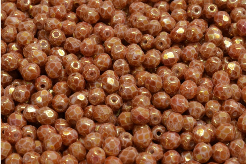 圆形火抛光刻面珠，粉笔白大理石红棕色 (03000-15422)，波西米亚水晶玻璃，捷克共和国