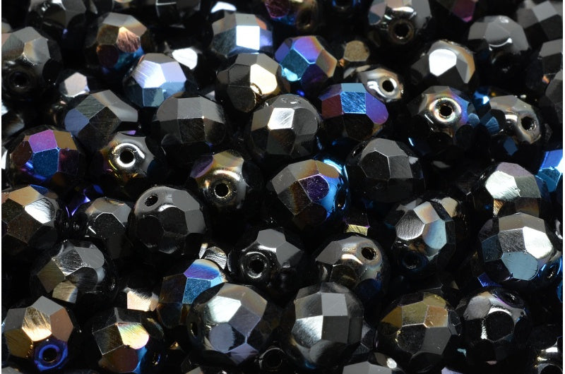 ファイアポリッシュファセットビーズラウンド、ブラック 22201 (23980-22201)、ボヘミアクリスタルガラス、チェコ共和国