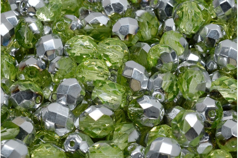 ファセット加工ビーズ ラウンド型 透明グリーンクリスタル シルバーハーフコーティング (50200-27001) ボヘミアクリスタルガラス チェコ共和国