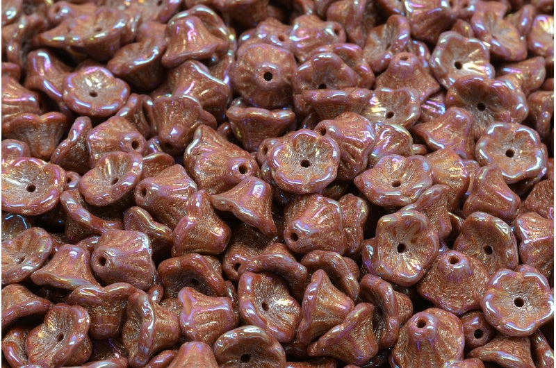 Bell Flower Cup Beads, Opaque Brown Rainbow Iris (13600-21405), Glass, Czech Republic