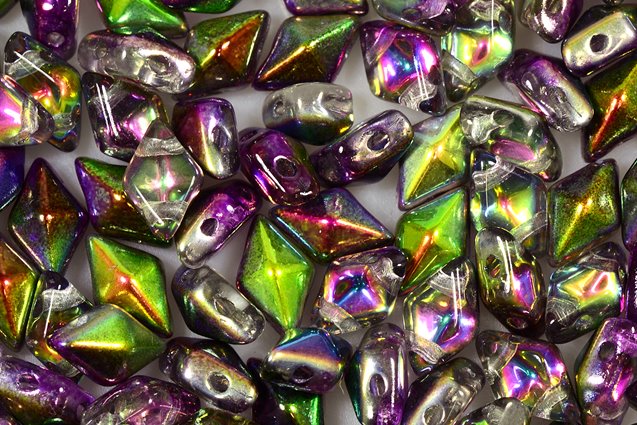 DiamonDuo 2-hole Beads Rhombus Gemduo 5 x 8 mm, Crystal Green Purple (30-95000), Bohemia Crystal Glass, Czechia 11109025