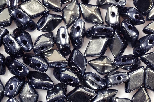 DiamonDuo 2-hole Beads Rhombus Gemduo 5 x 8 mm, Black Blue Hematite (23980-23500), Bohemia Crystal Glass, Czechia 11109025