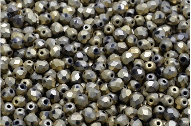 ファセット加工ラウンドビーズ、ブラックマットフルゴールド（23980-84100-26440）、ボヘミアクリスタルガラス、チェコ共和国