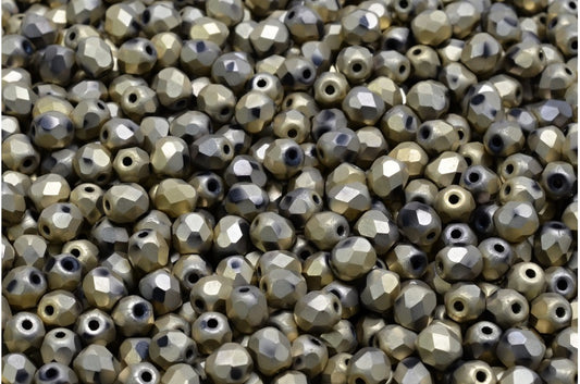 ファセット加工ラウンドビーズ、ブラックマットフルゴールド（23980-84100-26440）、ボヘミアクリスタルガラス、チェコ共和国