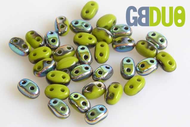 GBduo 2-hole Oval Beads (like SuperDuo) 2.5 x 5 mm, Opaque Green Crystal Vitrail Medium Coating (53410-28101-), Bohemia Crystal Glass, Czechia 11109029