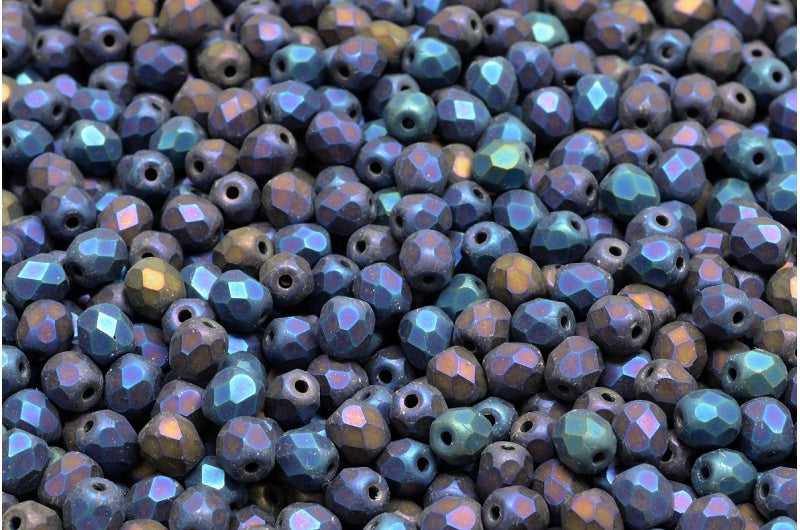 ファセット加工ビーズラウンド、ブラックマットレインボーアイリス（23980-84100-21405）、ボヘミアクリスタルガラス、チェコ共和国