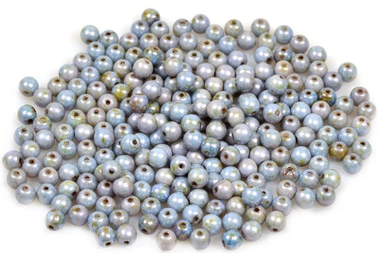 Round Pressed Beads 4 mm, Chalk White Stain With Luster Blue (3000-65431), Bohemia Crystal Glass, Czechia 11119001