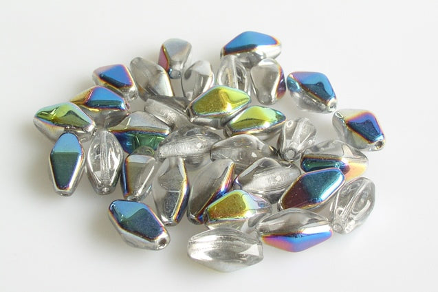 Elongated Bicone Pressed Beads 13 x 9 mm, Crystal Crystal Vitrail Medium Coating (30-28101), Bohemia Crystal Glass, Czechia 11129807