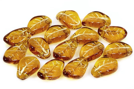 Wavy Leaf Beads 9 x 14 mm, Transparent Brown Gold Lined (10090-54202), Bohemia Crystal Glass, Czechia 11130078