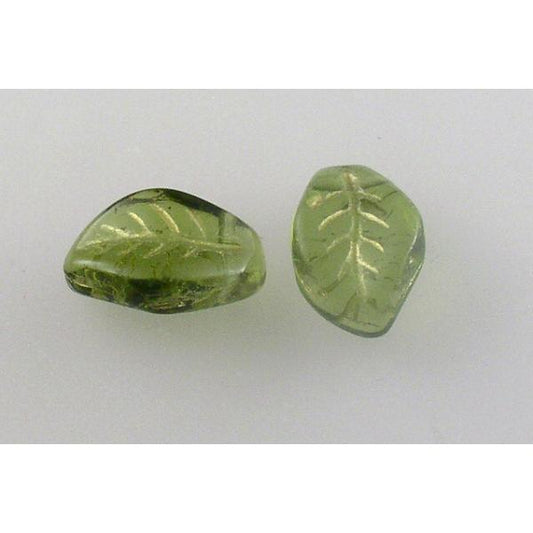 Wavy Leaf Beads 9 x 14 mm, Transparent Green Gold Lined (50240-54202), Bohemia Crystal Glass, Czechia 11130078