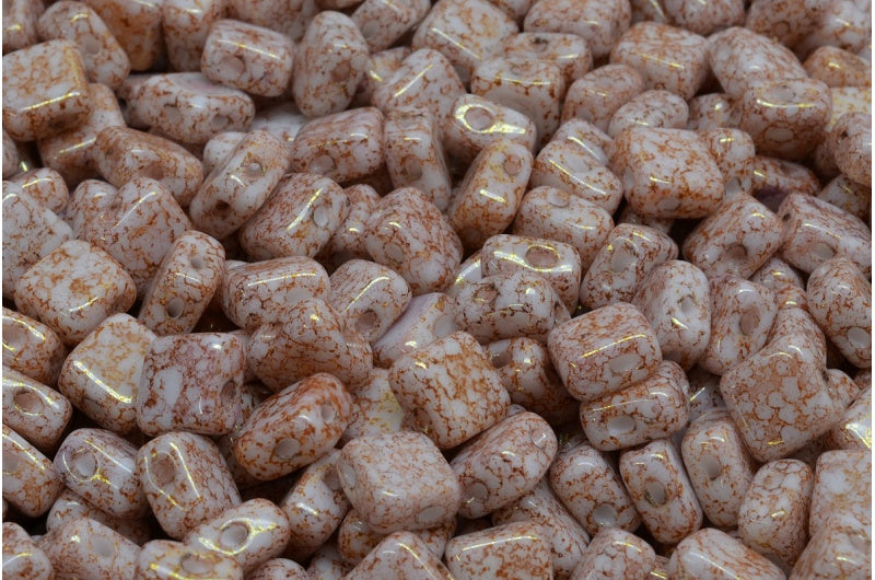 フラットシルキービーズ - 2穴、ホワイトテラコッタレッド (02010-15495)、ガラス、チェコ共和国